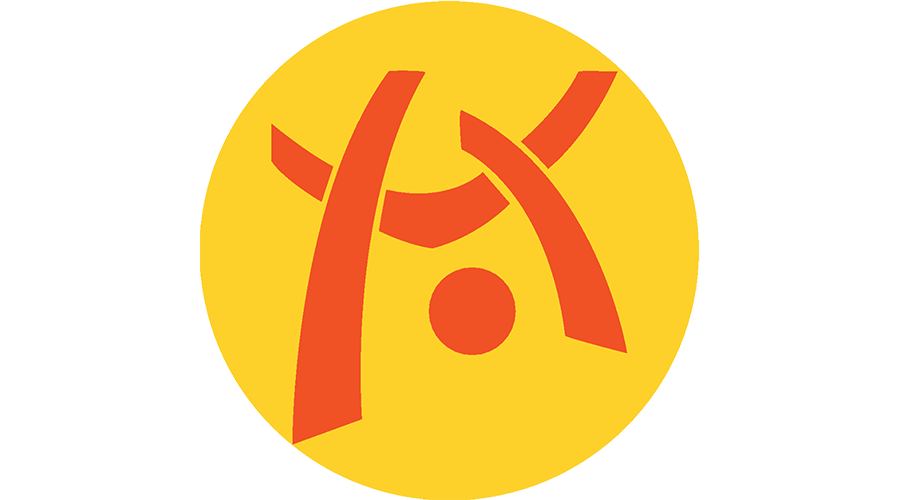 A yellow circle contains a red abstract design.