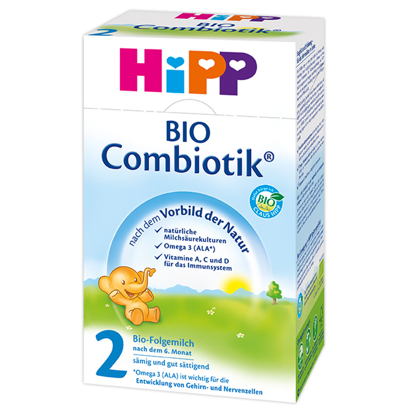 A box of Hipp baby formula, stage 2, with a focus on organic ingredients and a cute cartoon elephant.