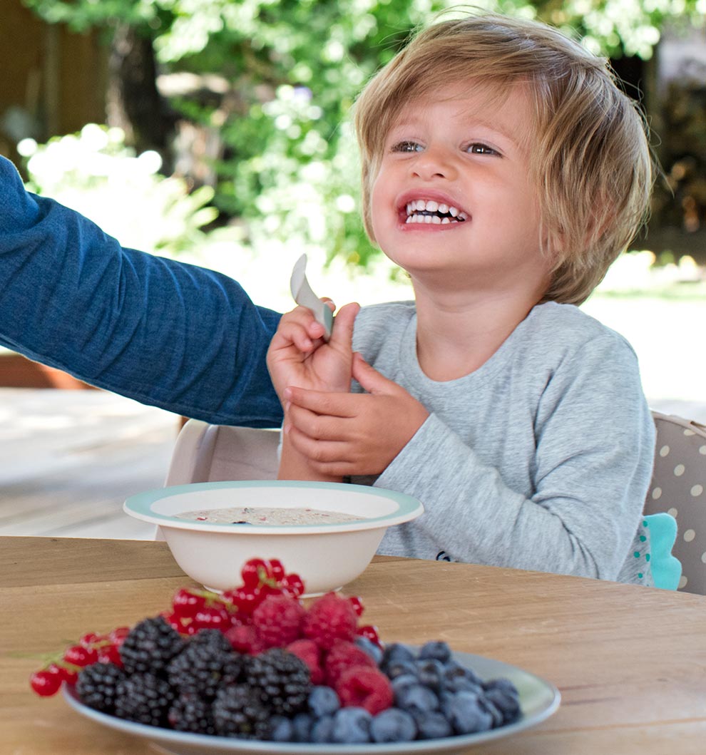 A child sits at a table with a bowl of food and a plate of berries.